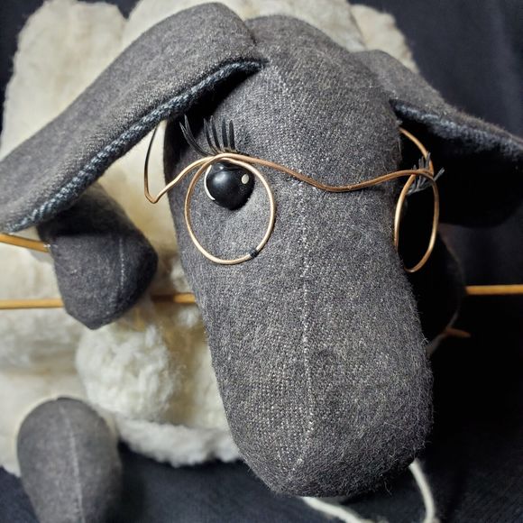 Plush Knitting Granny Sheep Stuffed Animal Black White Knit Needle Sewing 14” - Picture 14 of 16